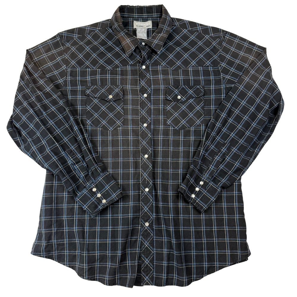 Wrangler Wrancher Men XL Black Blue Plaid Pearl Snap Western Shirt Long Sleeve